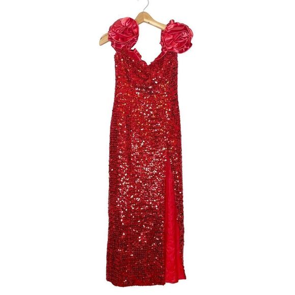 Vintage 80s Red Sequin Dress XS Formal Pencil High Slit Flashy Va Va Voom Sexy - Picture 1 of 7
